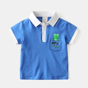 Blue kids short sleeve polo shirt with cartoon frog pocket print and contrast collar