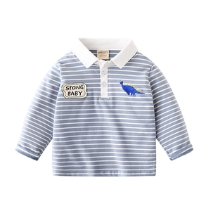 Long-sleeve striped cotton polo shirt for boys with dinosaur embroidery and patch