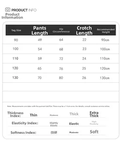 Size chart for boys' joggers showing length, hip, and height guide in centimeters