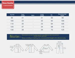 Detailed size chart for boys summer denim shorts with measurement guide and specifications