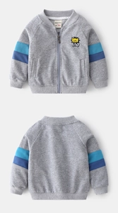 Flat lay of gray kids zip-up cardigan with striped sleeves and lion embroidery details