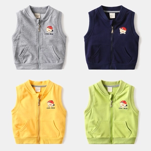 Gilet à Fermeture Éclair en Mélange de Coton pour Enfants Gilet Brodé d'Ours de Dessin Animé Col Montant pour Garçons Filles Veste Sans Manches Décontractée