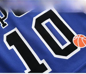 Close-up of breathable mesh fabric and high-quality printed number 10 on blue jersey