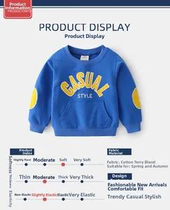 Close-up of blue kids sweatshirt featuring CASUAL STYLE embroidery and yellow elbow patches