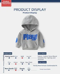 Detail of grey kids hoodie with blue 'Play!' embroidery and elbow patch design