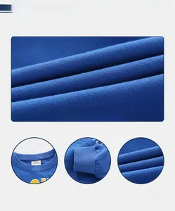 Detail view of high-density blue cotton fabric, ribbed neck, and cuffs on children sweatshirt