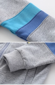 Detail of color-block sleeves and smooth zipper on a boy's knit hoodie jacket