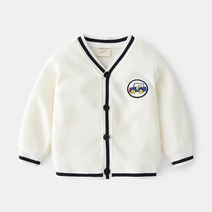 Toddler boy's white V-neck knit cardigan sweater with blue car embroidery and black stripes