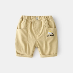 Boys khaki cotton casual shorts with elastic waist and whale embroidery detail