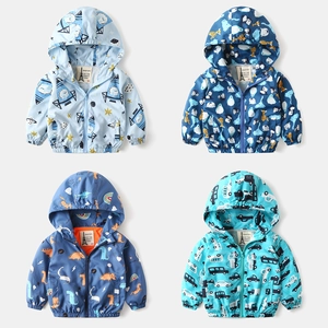 Kids Hooded Windbreaker Jacket Lightweight Cartoon Printed Outerwear For Boys Girls Toddler Zipper Top Soft Polyester Windproof Coat