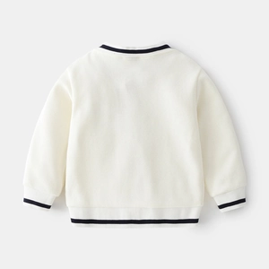 Classic cream kids v-neck cardigan with navy striped ribbing and long sleeves for spring