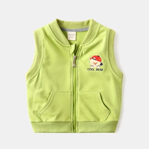 Gilet tricoté vert pour enfants avec fermeture éclair et broderie ours pour printemps
