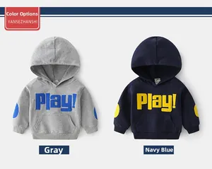 Detailed flat lay of children hooded sweatshirts in grey and navy blue with elbow patches