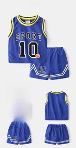 Detail view of boys breathable navy mesh basketball jersey set with Sport 10 print