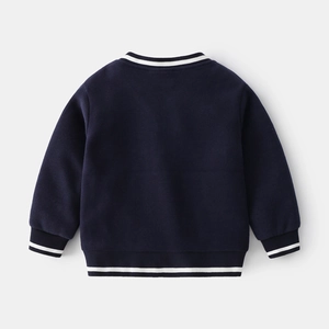 Classic dark blue v-neck kids cardigan with white striped ribbed cuffs and hem