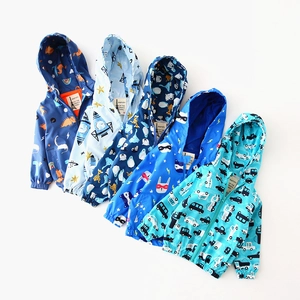 Kids hooded windbreaker jackets with diverse cartoon prints and zipper closure