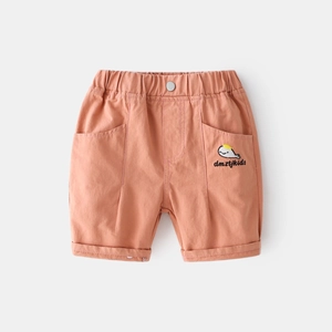 Coral orange cotton shorts for boys with cartoon whale embroidery and elastic waistband