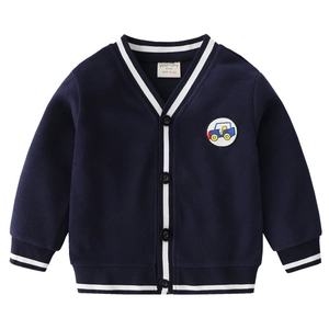 Kids navy V-neck cardigan with white stripes and colorful car embroidery