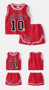 Detail of red mesh breathable kids basketball jersey and shorts set with sport graphics
