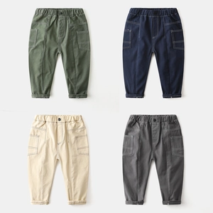 Boys' Casual Cargo Pants Contrast Stitching Elastic Waist Cotton Blend Long Trousers For Kids Spring Autumn