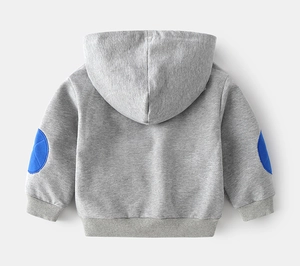 Detail view of child hoodie back showing blue elbow patches and ribbed cuffs
