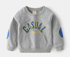 Detail of light grey kids sweatshirt with blue embroidery and elbow patches