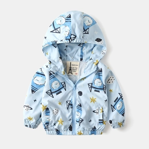 Sky blue kids hooded windbreaker with rocket space print and front zipper closure