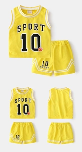 Detailed flat lay of breathable yellow mesh kids sports set with SPORT 10 print