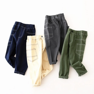 Boys casual cotton pants with elastic waist and contrast stitching in four colors