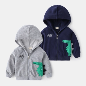 Felpa con Cappuccio e Cerniera per Ragazzi con Applicazione di Coccodrillo in Misto Cotone Ricamato Dinosauro Giacca Casual