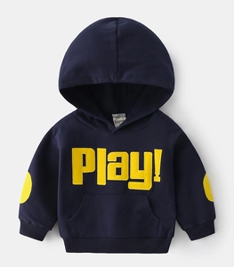 Detail of kids navy hoodie with yellow PLAY embroidery and reinforced elbow patches