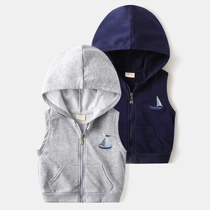 Gilet à Capuche Zippé pour Enfants Garçons Filles Mélange de Coton Broderie Voilier Gilet Décontracté Printemps Automne