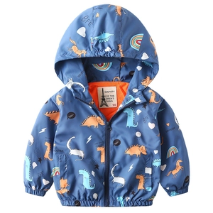 Kids hooded windbreaker jacket with colorful dinosaur prints and front zipper closure