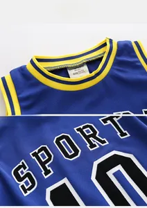 Detail view of breathable mesh fabric on kids navy blue basketball jersey with Sport 10 print