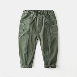 Boys' military green cargo pants with stylish white contrast stitching and elastic waist