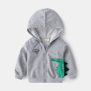 Felpa con cappuccio grigia per bambini con ricamo a dinosauro verde e cerniera lampo