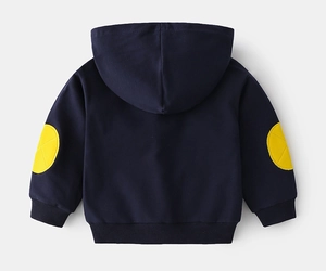 Detail of dark blue kids hoodie featuring contrast yellow elbow patches and ribbed cuffs