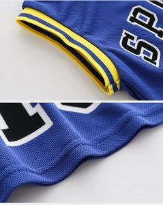 Detail of breathable blue mesh jersey with yellow ribbed collar and SP1 print