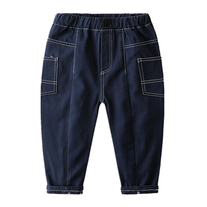 Boys solid navy blue casual cargo pants with contrast stitching and elastic waist