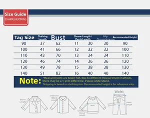 Guide des tailles détaillé pour ensemble de sport d'été enfant de 90 à 140 cm