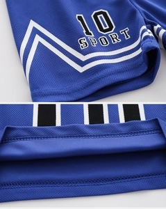 Detail of blue breathable mesh shorts with white stripes and number 10 sport print