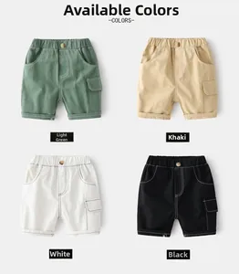 Detailed grid of boys cargo shorts in light green, khaki, white, and black colors