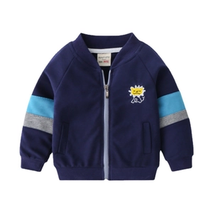 Kids navy zip-up baseball jacket with patchwork sleeves and sun embroidery