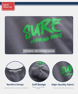 Détail du sweat gris montrant le col côtelé et l'imprimé de lettres vertes sur tissu