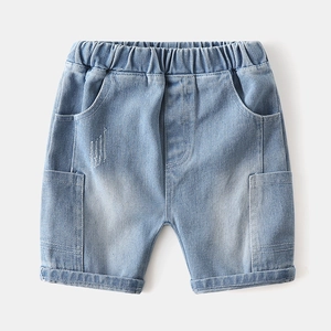 Classic light blue wash denim shorts for boys with elastic waist and side pockets