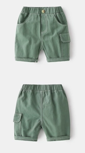 Front and back view of bean green kids cargo shorts with elastic waist and flap pocket