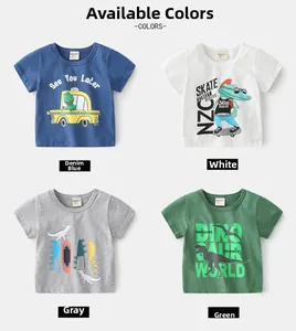 Vue détaillée de quatre t-shirts enfant en coton avec divers imprimés de dinosaures mignons