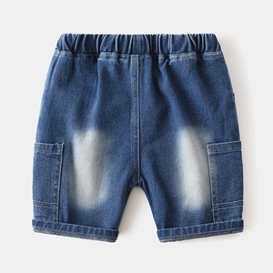 Summer boys' blue denim shorts with elastic waist and side cargo pockets in flat lay view