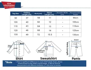 Tableau des tailles détaillé pour t-shirt enfant avec mesures de longueur et buste