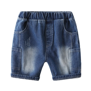 Classic blue boys denim shorts with elastic waist and cargo pockets in soft summer cotton